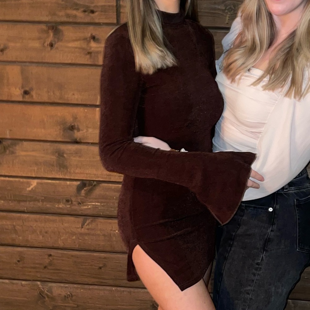 Brown Mockneck Mini Dress with Slit with Flared Longsleeves